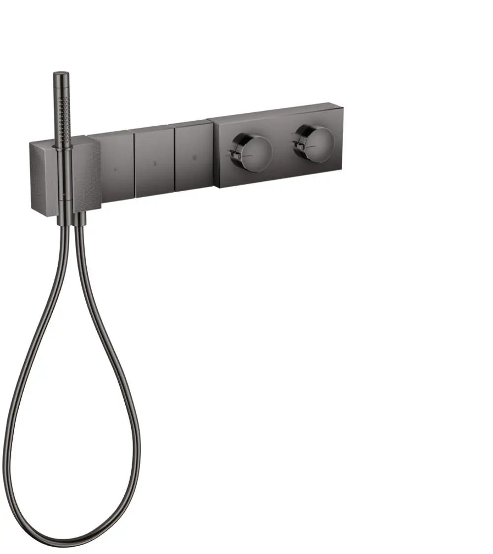 AXOR Thermostatmodul mit zwei Drehreglern und einem Handbrauseanschluss in poliertem Schwarz. Geeignet für die Wandmontage und drei Verbraucher.